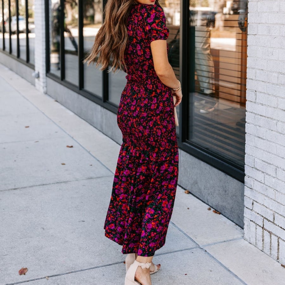 Floral Puff-Sleeve Maxi Dress in Magenta and Black - Picture 3 of 6